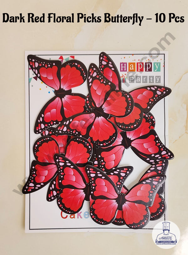 CAKE DECOR™ 10 Pcs Dark Red Floral Picks Butterfly With Black Outlines  Paper Topper For Cake And Cupcake