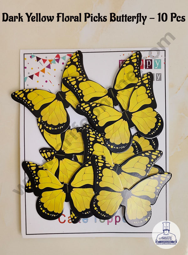 CAKE DECOR™ 10 Pcs Dark Yellow Floral Picks Butterfly With Black Outlines  Paper Topper For Cake And Cupcake