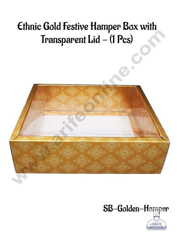 CAKE DECOR™ Ethnic Gold Festive Hamper Box with Transparent Lid | Gift Box | Present Box - (1 Pcs)