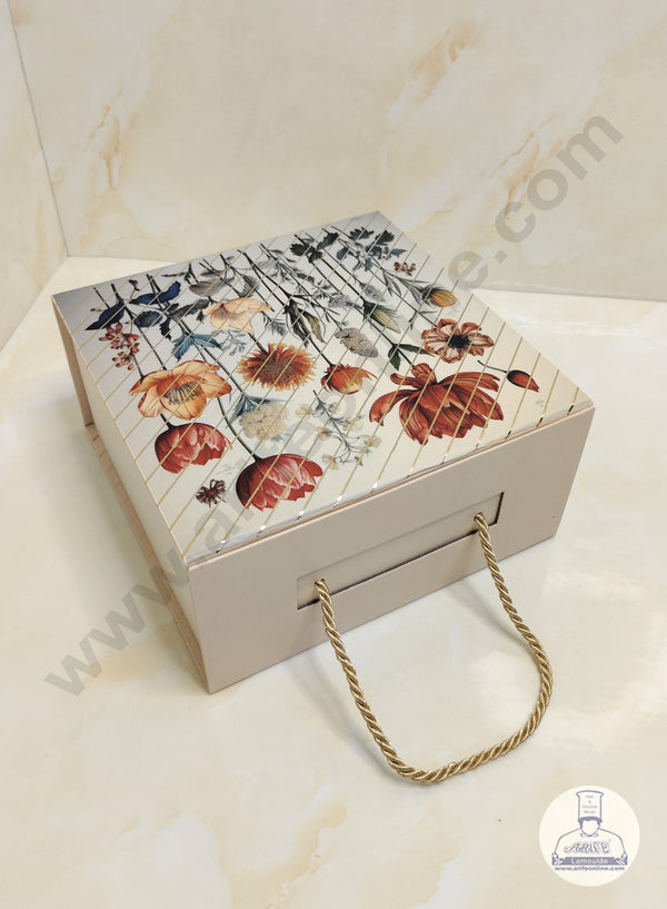 CAKE DECOR™ Beige Floral Folding Hard Hamper Box With Handle | Gift Box | Present Box - 1 Pc