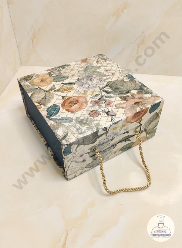 CAKE DECOR™ Blue Floral Folding Hard Hamper Box With Handle | Gift Box | Present Box - 1 Pc