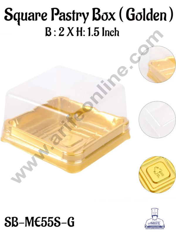 CAKE DECOR™  PVC Square Brownie Box With Golden Base Cake Box | Dessert Packaging - 2 Inch (10 Pcs Pack)