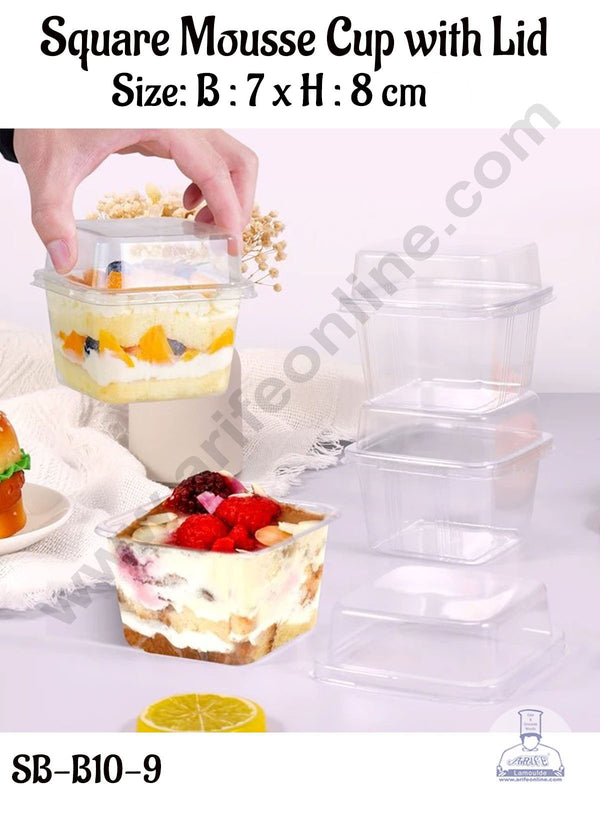 CAKE DECOR™ PVC Square Mousse Cup with Clear Lid | Cube Box | Dessert Package - (10 Pcs Pack)