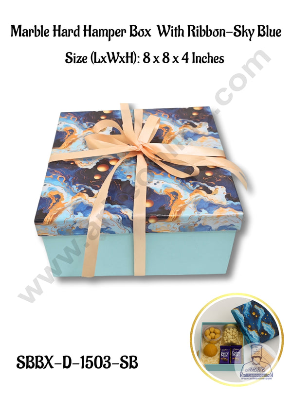 Sky Blue Marble Hard Hamper Box With Ribbon Top Bottom Box | Gift Box | Present Box - 1 Pc - CAKE DECOR™
