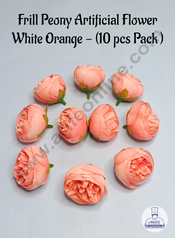 Cake Decor™  Frill Peony Artificial Flower For Cake Decoration – Orange White  ( 10 pc pack )