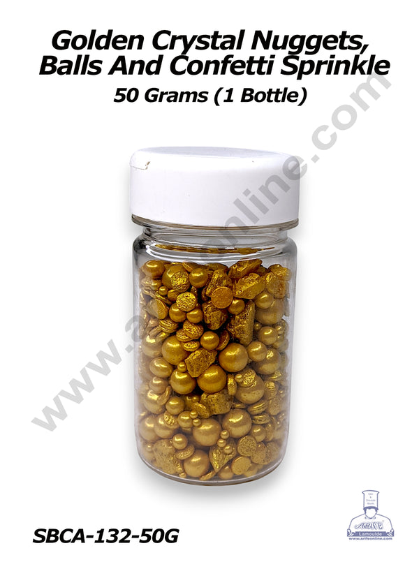 Cake Decor Golden Crystal Nuggets, Balls And Confetti Sprinkles - 50 gm