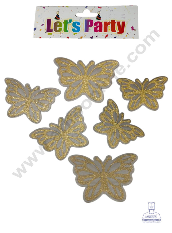 CAKE DECOR™ 6 Pcs Let's Party Grey Gold Glittery Butterfly Paper Topper For Cake And Cupcake