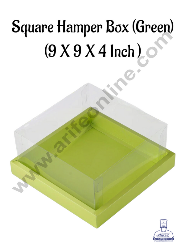 CAKE DECOR™ Square Hamper Box In Green Colour With Transparent Lid | Gift Box | Present Box - (1 Pcs)