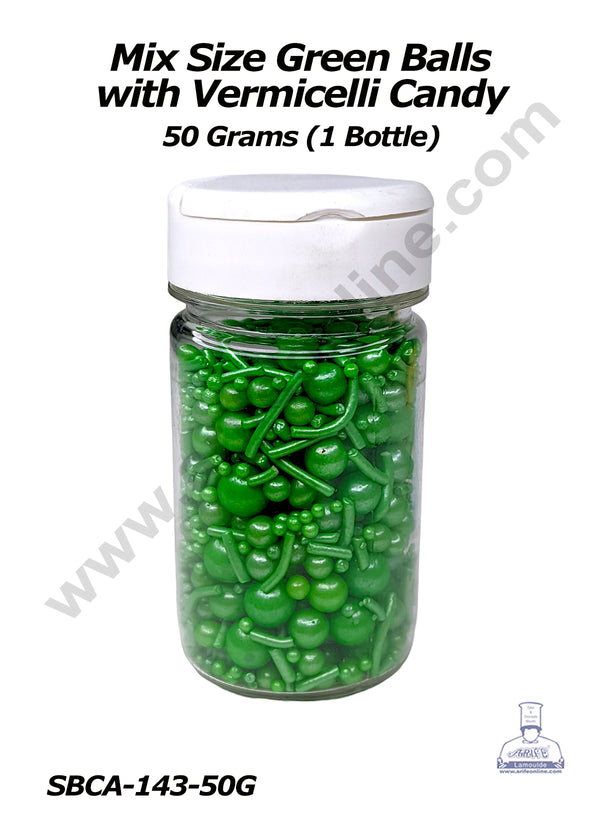 CAKE DECOR™ Sugar Candy – Mix Size Green Balls with Vermicelli Candy – 50 gm
