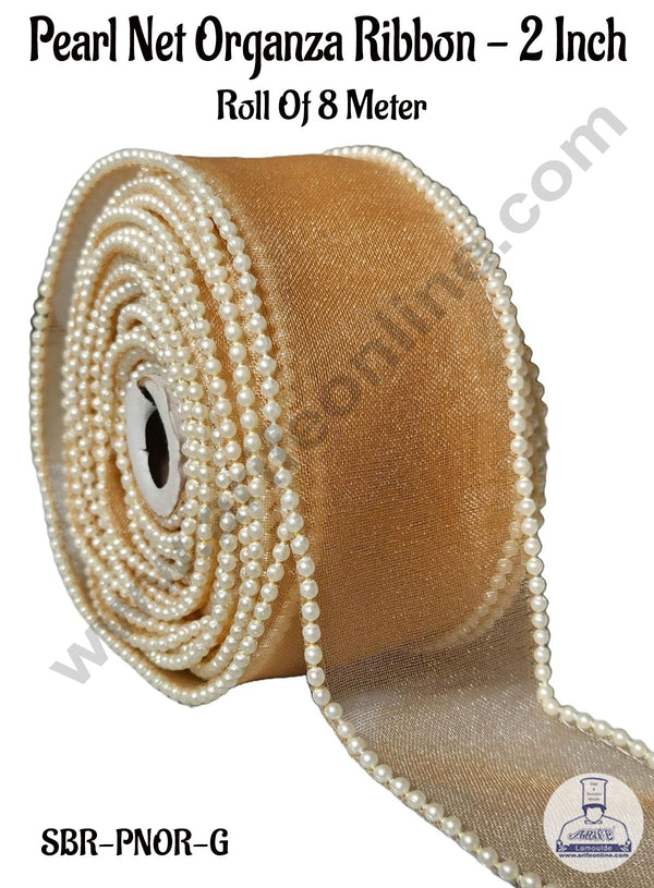 CAKE DECOR™ Pearl Net Organza Golden Ribbon -2 Inch (8 Meter) | Sheer Ribbon | Gift Wrapping | Decoration