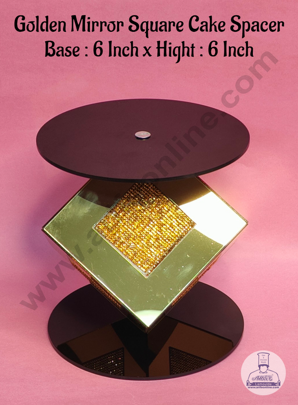 CAKE DECOR™ Golden Mirror Square Cake Spacer with Diamond Design For Cake Decoration - Base 6 inch X Height 6 inch