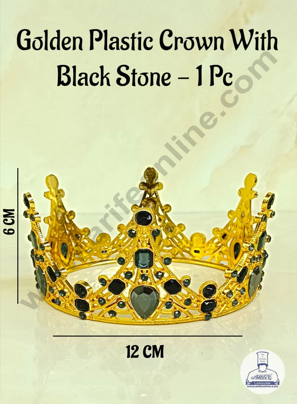 CAKE DECOR™ Golden Plastic Crown With Black Stone Topper For Cake And Cupcake Decorations - Gold