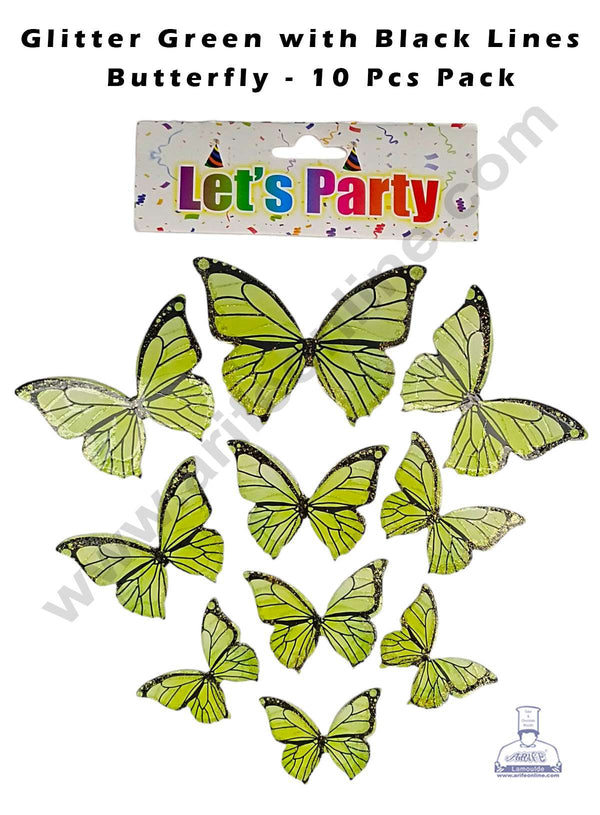 CAKE DECOR™ 10 pcs Let's Party Glitter Green with Black Lines Butterfly Paper Topper For Cake And Cupcake