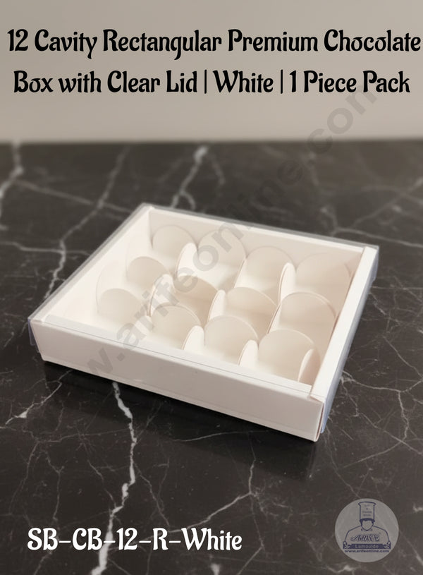 CAKE DECOR™  12 Cavity Rectangular Premium Chocolate Box with Clear Lid | White | 1 Piece Pack