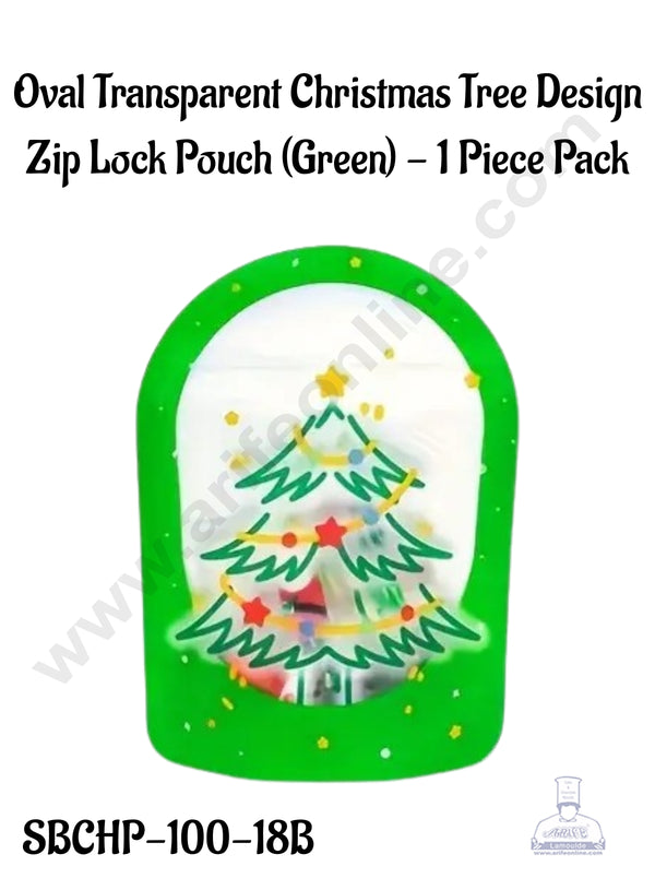 CAKE DECOR™ Oval Transparent Christmas Tree Design Zip Lock Pouch (Green) - 1 Piece Pack (12x16.5x3 cm)
