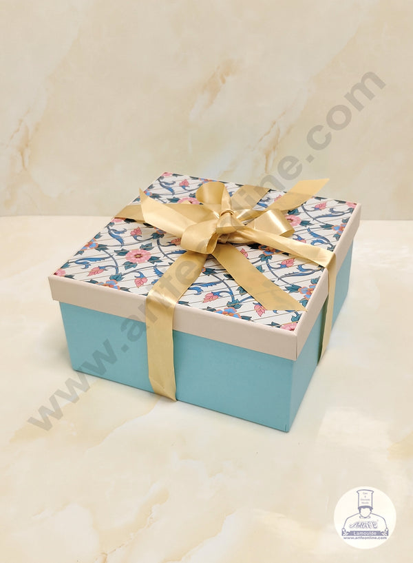 CAKE DECOR™ Floral Cyan Hard Hamper Box With Ribbon Top Bottom Box | Gift Box | Present Box - 1 Pc