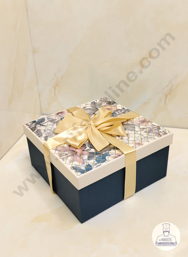 CAKE DECOR™ Floral Dark Turquoise Hard Hamper Box With Ribbon Top Bottom Box | Gift Box | Present Box - 1 Pc