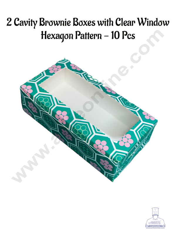 CAKE DECOR™ 2 Cavity Brownie Boxes with Clear Window Hexagon Pattern | Brownie Carriers - 10 Pcs Pack