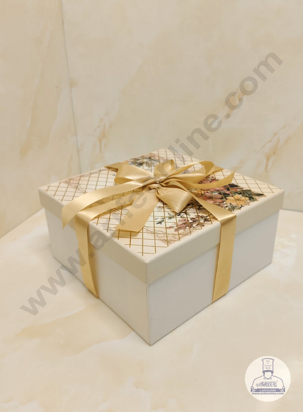 CAKE DECOR™ Floral Beige Hard Hamper Box With Ribbon Top Bottom Box | Gift Box | Present Box - 1 Pc