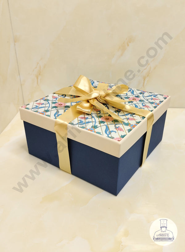 CAKE DECOR™ Floral Navy Blue Hard Hamper Box With Ribbon Top Bottom Box | Gift Box | Present Box - 1 Pc