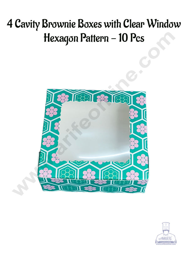 CAKE DECOR™ 4 Cavity Brownie Boxes with Clear Window Hexagon pattern| Brownie Carriers - 10 Pcs Pack