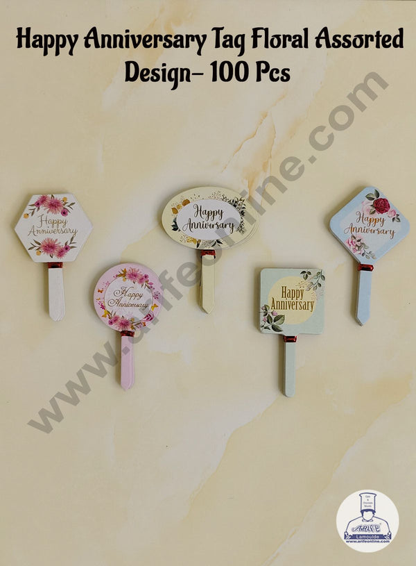 CAKE DECOR™ 100 pcs Happy Anniversary Paper Tag with Floral Assorted Design Paper Topper For Cake And Cupcake