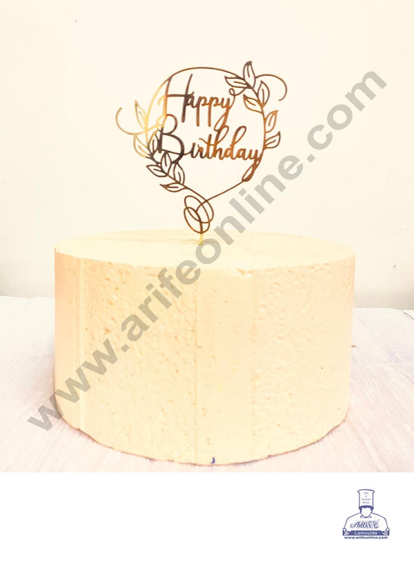 CAKE DECOR™ 5 inch Golden Acrylic Happy Birthday With Round Leaf Cutout Cake Topper And Dessert Decoration ( SBMT-1234 )