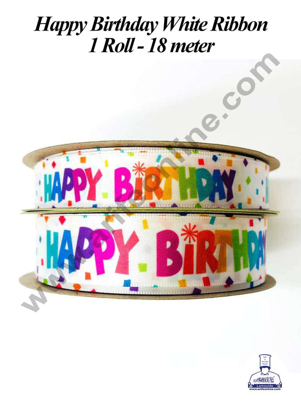 CAKE DECOR™ 1 Roll Happy Birthday White Ribbon | Gift Wrapping | Decoration (SBR-PR-021)