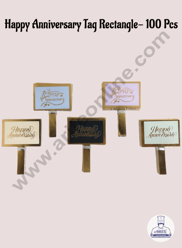 CAKE DECOR™ 100 pcs Rectangle Happy Anniversary  Paper Tag with Foiling Paper Topper For Cake And Cupcake