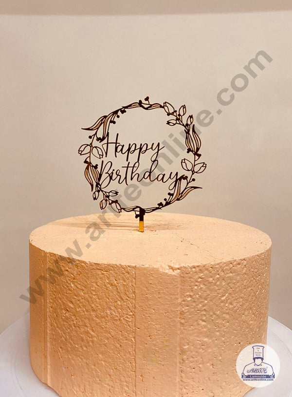 CAKE DECOR™ 5 inch Acrylic Happy Birthday in Flower With Leaf Cutout in Round Frame Cake Topper Cake Decoration (SBMT-1214)