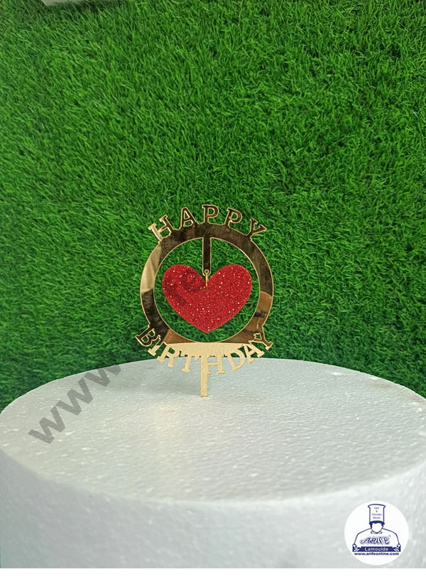 CAKE DECOR™ 5 inch Acrylic Happy Birthday Round Frame with Hanging Red Glitter Heart Cake Topper Cake Decoration Dessert Decoration (SBMT-G-4033)