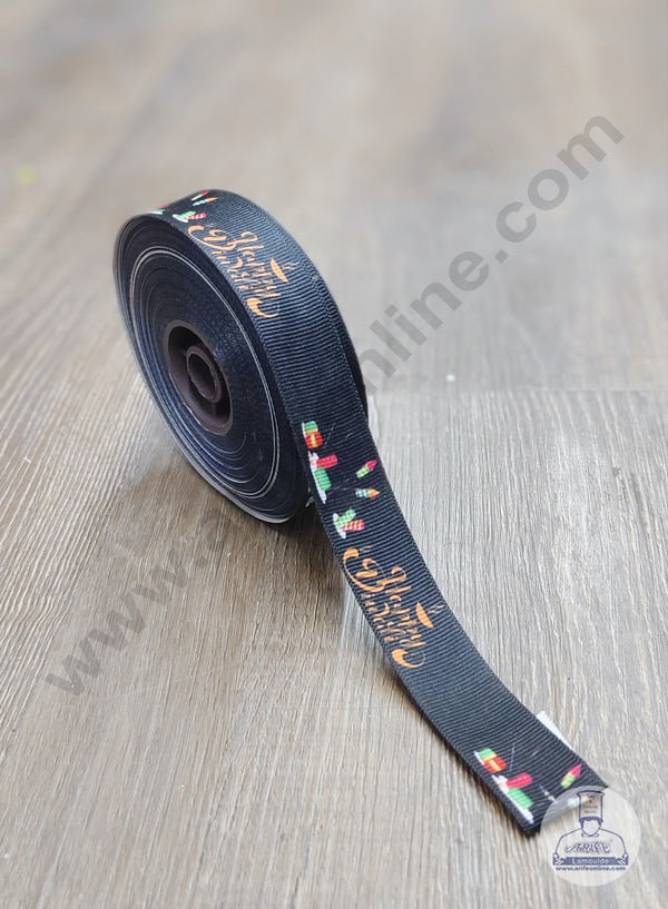 CAKE DECOR™ 1 Roll Black Happy Diwali Ribbon | Gift Wrapping | Hamper Decoration (SBR-PR-027)