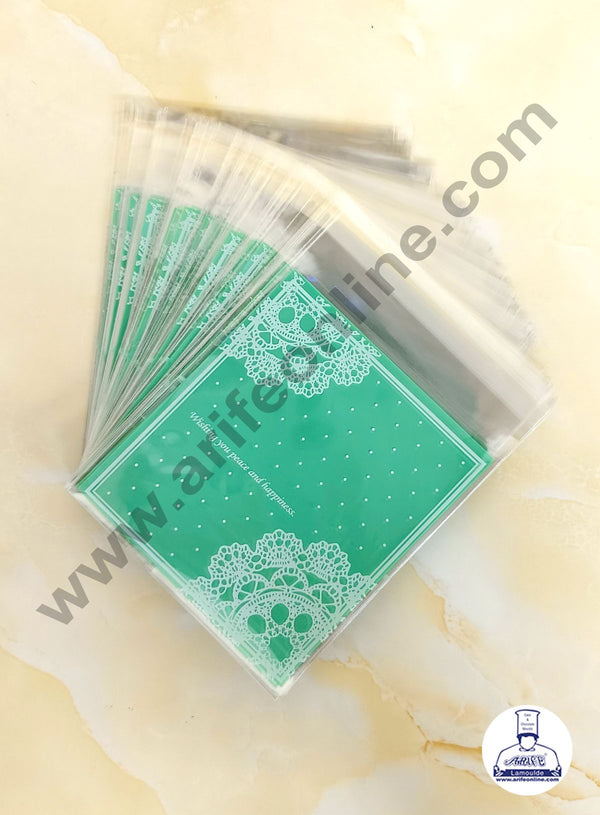 CAKE DECOR™  Green Color Wishing You Peace And  Happiness With Flower Pattern Mini Packaging Bags | Cellophane Small Bags |  Self Adhesive | 100 Pcs