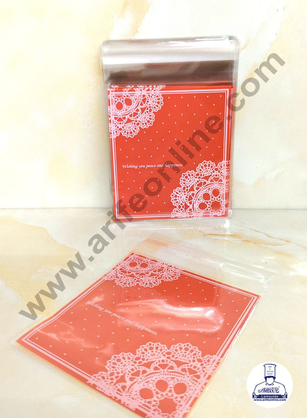 CAKE DECOR™  Red Color Wishing You Peace And  Happiness With Flower Pattern Mini Packaging Bags | Cellophane Small Bags |  Self Adhesive | 100 Pcs