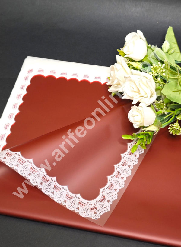 CAKE DECOR™ Laced Korean Bouquet Wrapping Sheets (20 Sheets) | Premium Flower Wrapping Paper with Elegant Laced Border (Maroon)