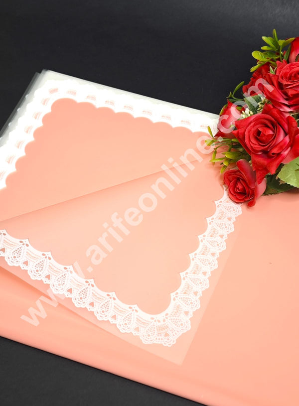 CAKE DECOR™ Laced Korean Bouquet Wrapping Sheets (20 Sheets) | Premium Flower Wrapping Paper with Elegant Laced Border (Peach)