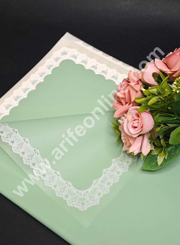 CAKE DECOR™ Laced Korean Bouquet Wrapping Sheets (20 Sheets) | Premium Flower Wrapping Paper with Elegant Laced Border (Pastel Green)