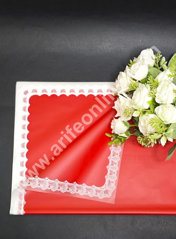 CAKE DECOR™ Laced Korean Bouquet Wrapping Sheets (20 Sheets) | Premium Flower Wrapping Paper with Elegant Laced Border (Red)