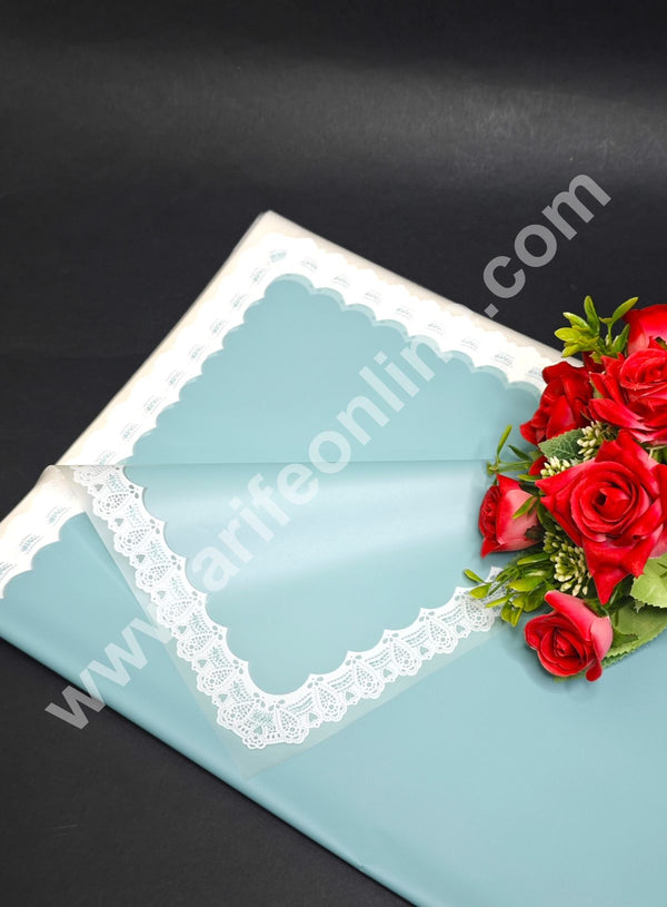 CAKE DECOR™ Laced Korean Bouquet Wrapping Sheets (20 Sheets) | Premium Flower Wrapping Paper with Elegant Laced Border (Blue)