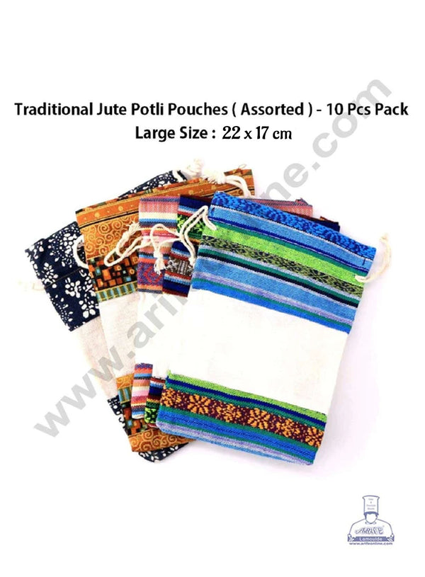 CAKE DECOR™ Large Traditional Jute Linen Potli Gift Chocolate Pouches - Assorted (Pack of 10 pcs)