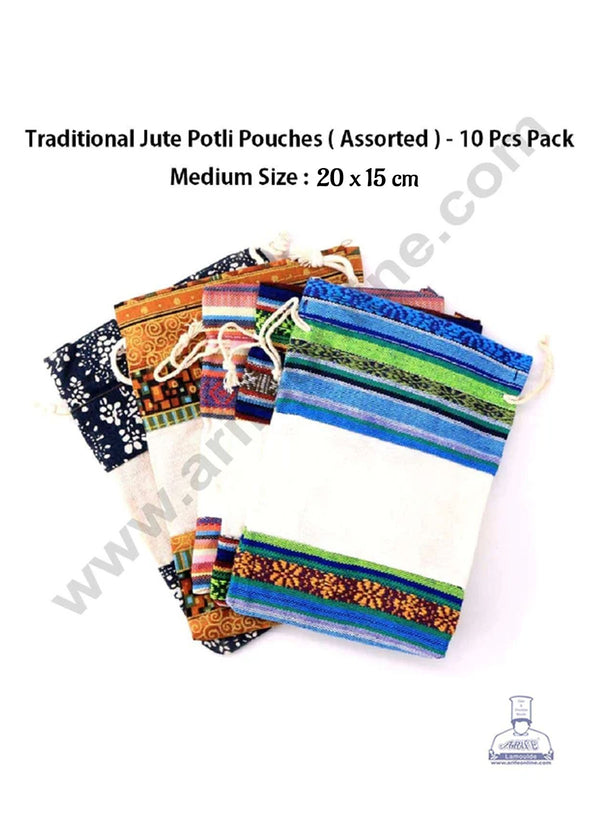 CAKE DECOR™ Medium Traditional Jute Linen Potli Gift Chocolate Pouches - Assorted (Pack of 10 pcs)