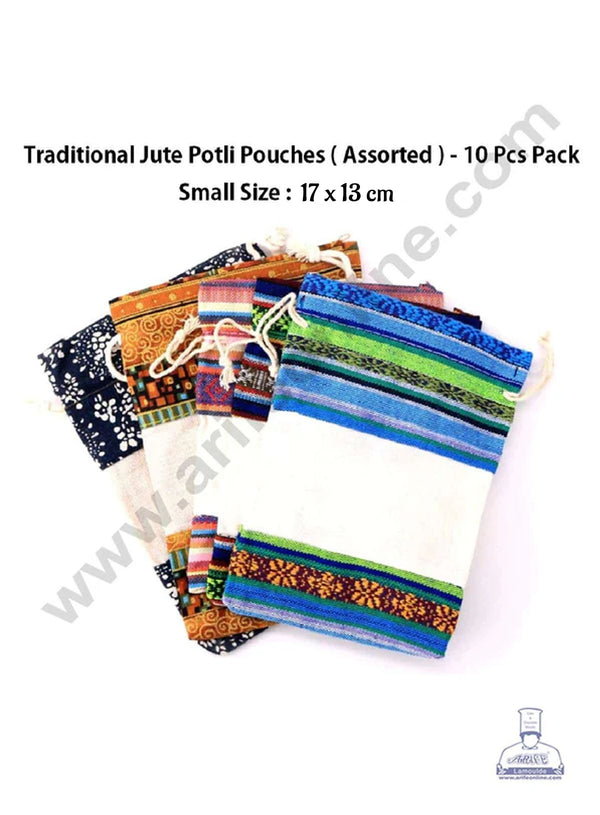 CAKE DECOR™ Small Traditional Jute Linen Potli Gift Chocolate Pouches - Assorted (Pack of 10 pcs)