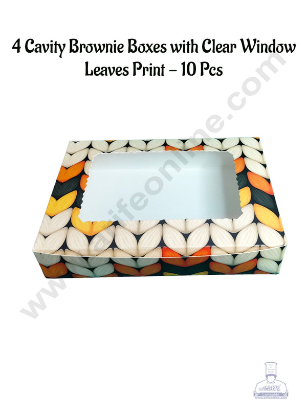 CAKE DECOR™ 4 Cavity Brownie Boxes with Clear Window Leaves Print| Brownie Carriers - 10 Pcs Pack