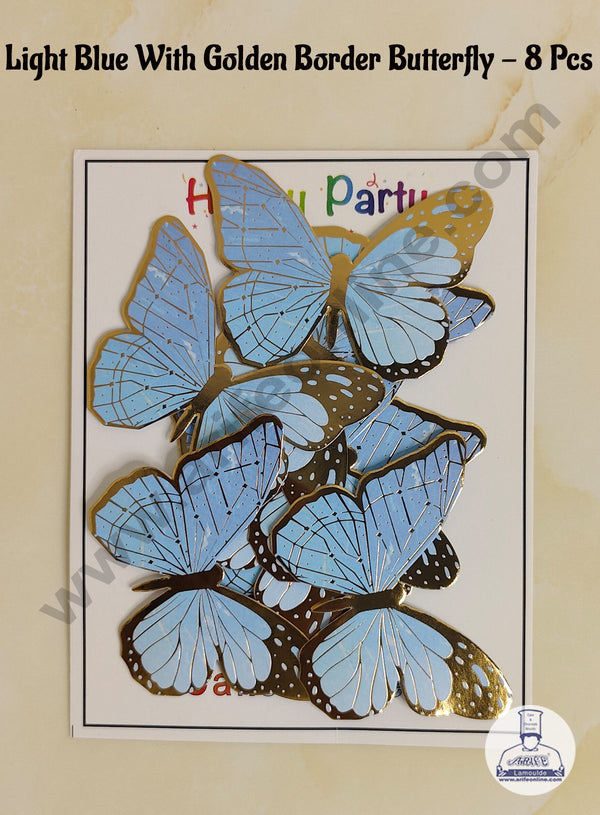 CAKE DECOR™ 8 Pcs Light Blue Butterfly With Golden Border Paper Topper For Cake And Cupcake