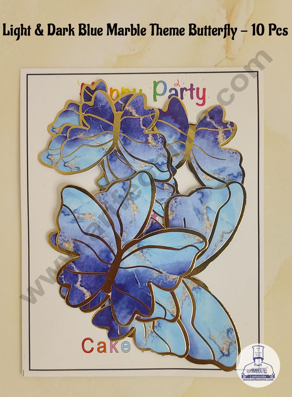 CAKE DECOR™ 10 Pcs Light & Dark Blue Marble Theme Butterfly With Golden Border Paper Topper For Cake And Cupcake