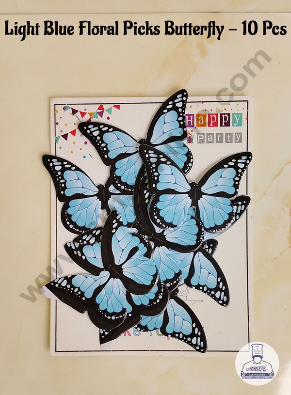 CAKE DECOR™ 10 Pcs Light Blue Floral Picks Butterfly With Black Outlines  Paper Topper For Cake And Cupcake