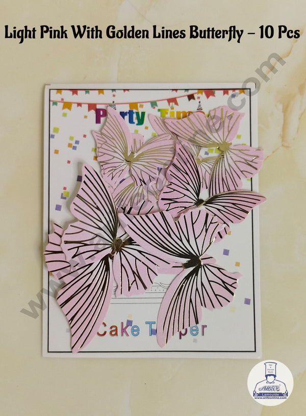 CAKE DECOR™ 10 Pcs Light Pink Butterfly With Golden Lines  Paper Topper For Cake And Cupcake