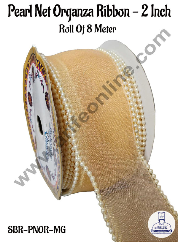 CAKE DECOR™ Pearl Net Organza Mango Gold Ribbon -2 Inch (8 Meter) | Sheer Ribbon | Gift Wrapping | Decoration