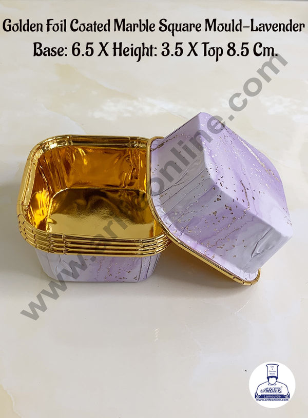 Cake Decor™ Golden Foil Coated Marble Square Direct Bake-able Paper Mould - Lavender (50 Pcs)