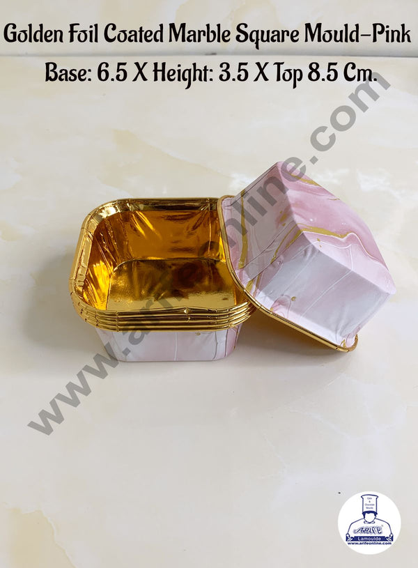 Cake Decor™ Golden Foil Coated Marble Square Direct Bake-able Paper Mould - Pink (50 Pcs)